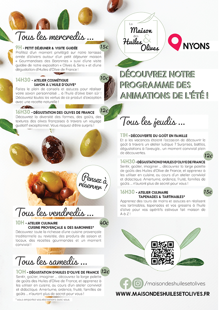 Programme estival de la Maison des Huiles d'Olive et Olives de France